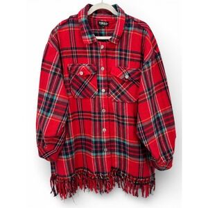 Thrill Jeans Womens 3X Red Plaid Flannel Shacket Fringe Grunge Cotton Button